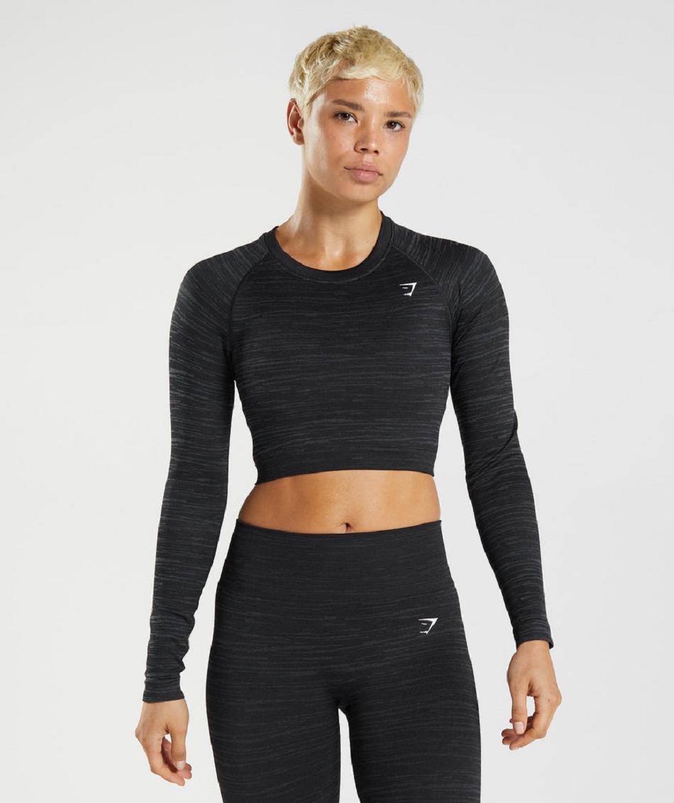 Gymshark Adapt Marl Seamless Long Sleeve Ženske Ošišane Majice Crne Sive | HR 3597VRW